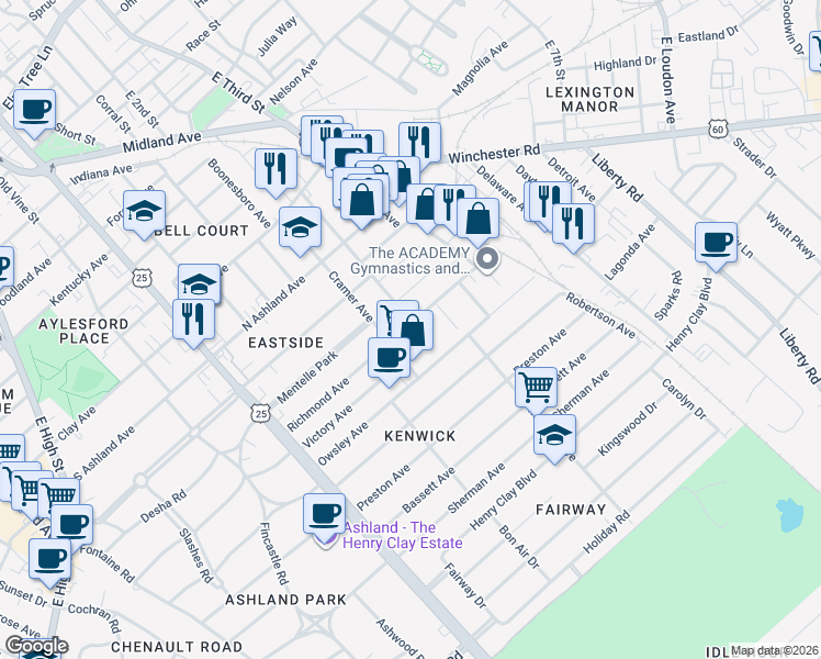 map of restaurants, bars, coffee shops, grocery stores, and more near 1009 Cramer Avenue in Lexington