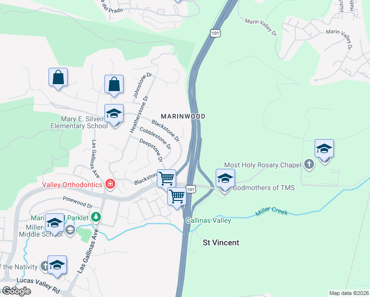 map of restaurants, bars, coffee shops, grocery stores, and more near 155 Blackstone Drive in San Rafael