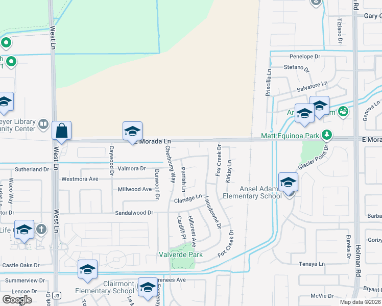 map of restaurants, bars, coffee shops, grocery stores, and more near 2516 Courtney Way in Stockton