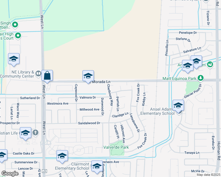 map of restaurants, bars, coffee shops, grocery stores, and more near 9431 Cherbourg Way in Stockton