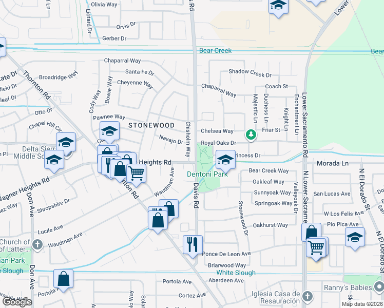 map of restaurants, bars, coffee shops, grocery stores, and more near 9402 Chisholm Way in Stockton