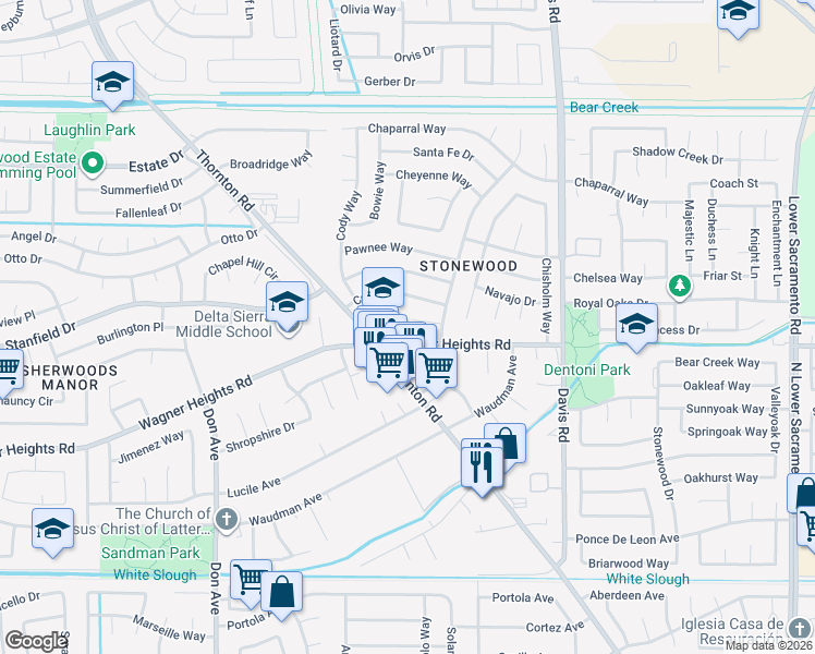 map of restaurants, bars, coffee shops, grocery stores, and more near 1952 Wagner Heights Road in Stockton