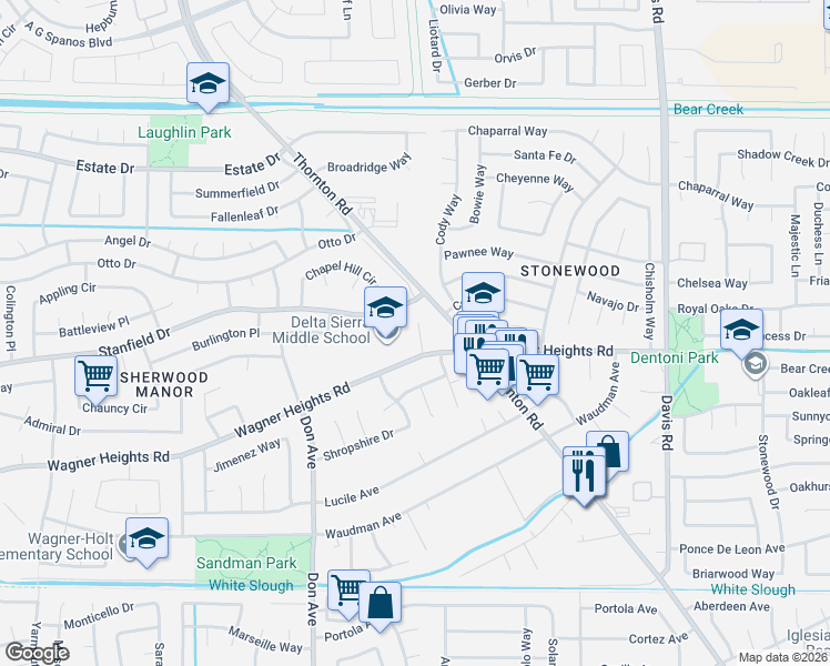 map of restaurants, bars, coffee shops, grocery stores, and more near 2223 Wagner Heights Road in Stockton