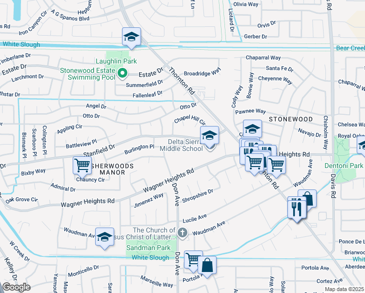 map of restaurants, bars, coffee shops, grocery stores, and more near 2442 Burlington Place in Stockton