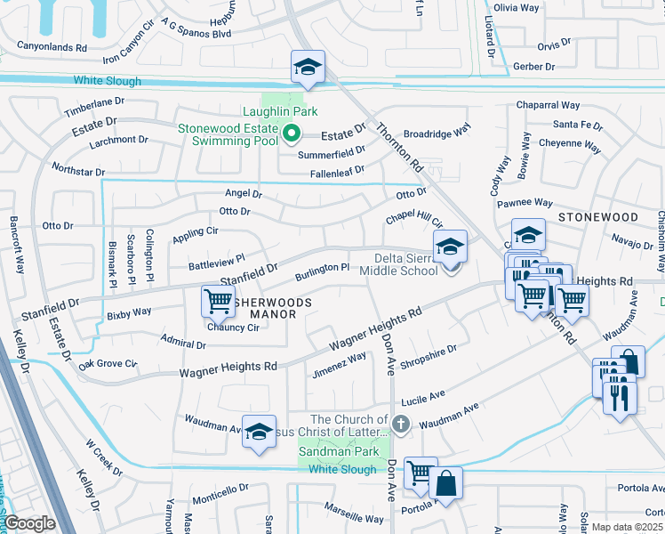 map of restaurants, bars, coffee shops, grocery stores, and more near 2621 Plantation Place in Stockton