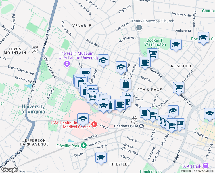 map of restaurants, bars, coffee shops, grocery stores, and more near 1207-11 Wertland Street in Charlottesville