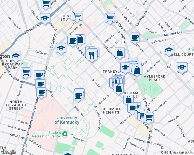 map of restaurants, bars, coffee shops, grocery stores, and more near 418 Rose Lane in Lexington