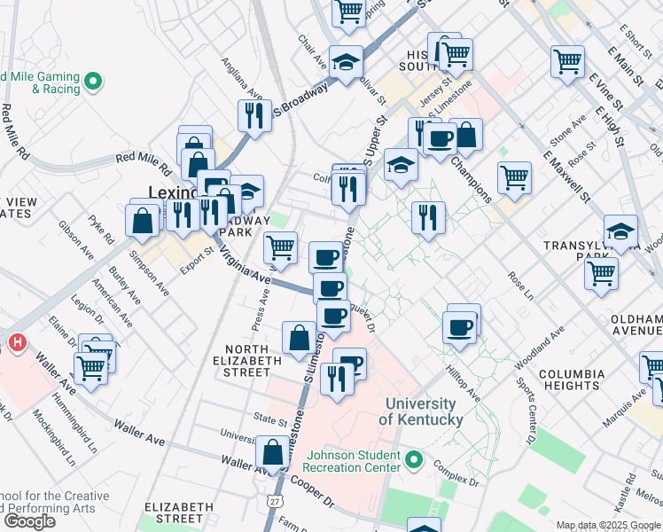 map of restaurants, bars, coffee shops, grocery stores, and more near 665 South Limestone in Lexington