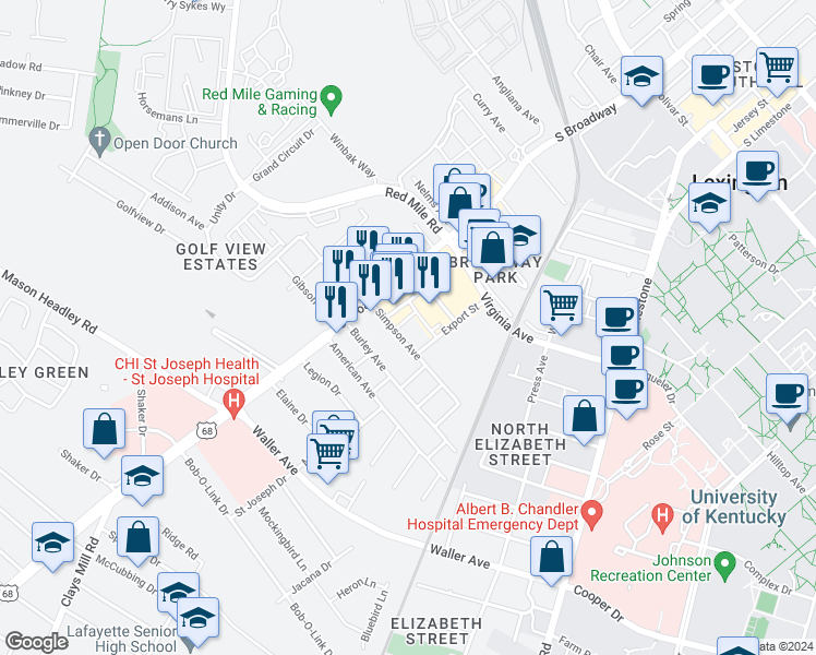 map of restaurants, bars, coffee shops, grocery stores, and more near 321 Burley Avenue in Lexington