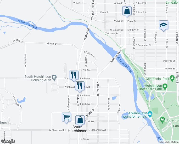 map of restaurants, bars, coffee shops, grocery stores, and more near 112 East 6th Avenue in South Hutchinson