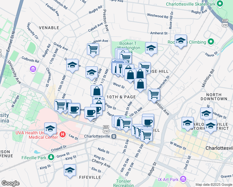 map of restaurants, bars, coffee shops, grocery stores, and more near 908 Anderson Street in Charlottesville