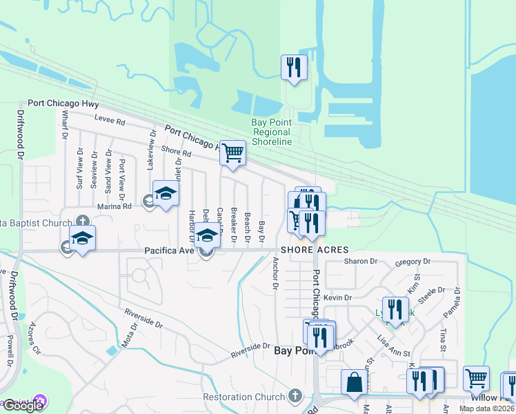 map of restaurants, bars, coffee shops, grocery stores, and more near 43 Bay Drive in Bay Point
