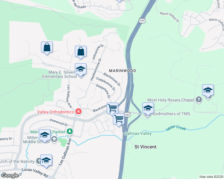 map of restaurants, bars, coffee shops, grocery stores, and more near 201 Cobblestone Drive in San Rafael