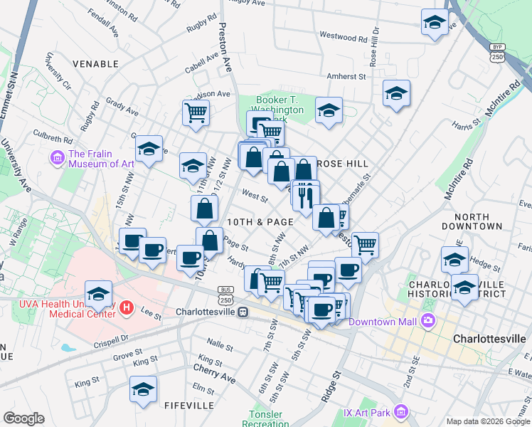 map of restaurants, bars, coffee shops, grocery stores, and more near in Charlottesville