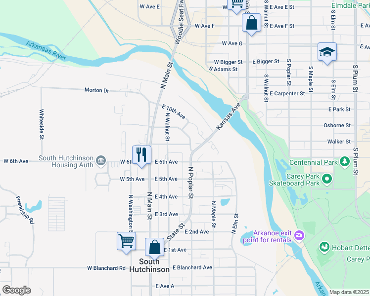map of restaurants, bars, coffee shops, grocery stores, and more near 105 East 7th Avenue in South Hutchinson