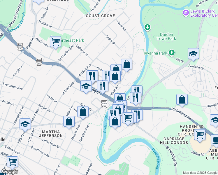 map of restaurants, bars, coffee shops, grocery stores, and more near 949 River Road in Charlottesville