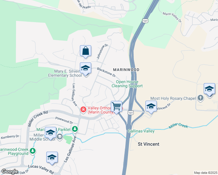 map of restaurants, bars, coffee shops, grocery stores, and more near 185 Deepstone Drive in San Rafael