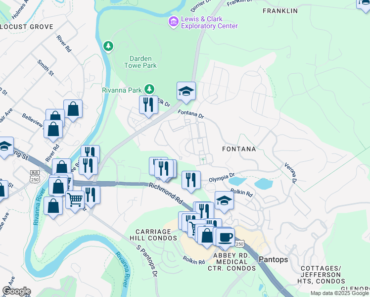 map of restaurants, bars, coffee shops, grocery stores, and more near 1903 Calvary Circle in Charlottesville