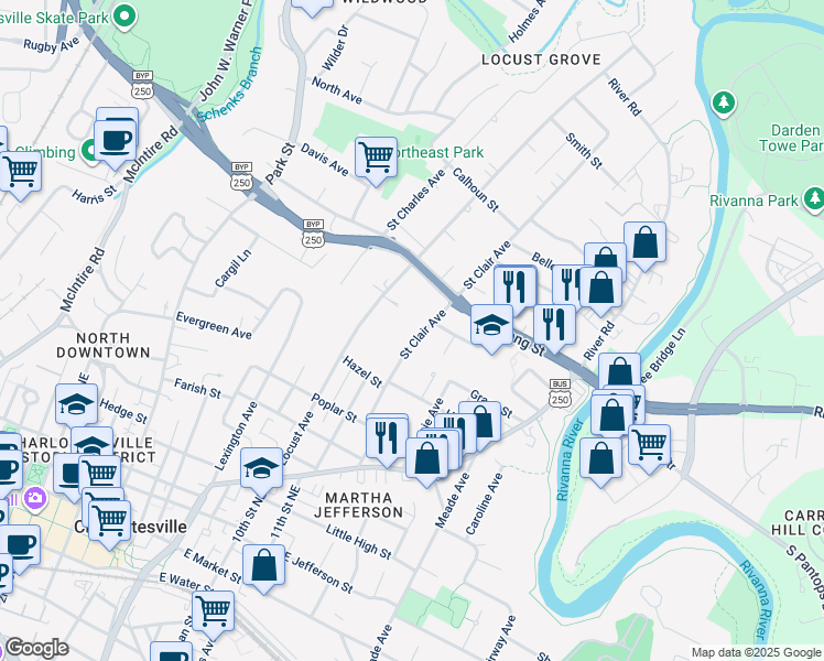 map of restaurants, bars, coffee shops, grocery stores, and more near 813 Saint Clair Avenue in Charlottesville