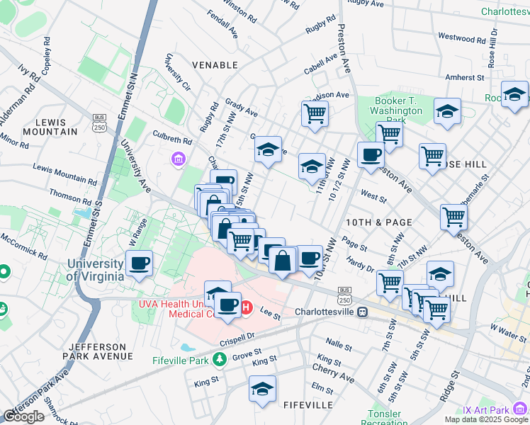 map of restaurants, bars, coffee shops, grocery stores, and more near in Charlottesville