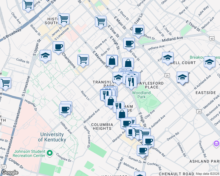 map of restaurants, bars, coffee shops, grocery stores, and more near 336 Transylvania Park in Lexington
