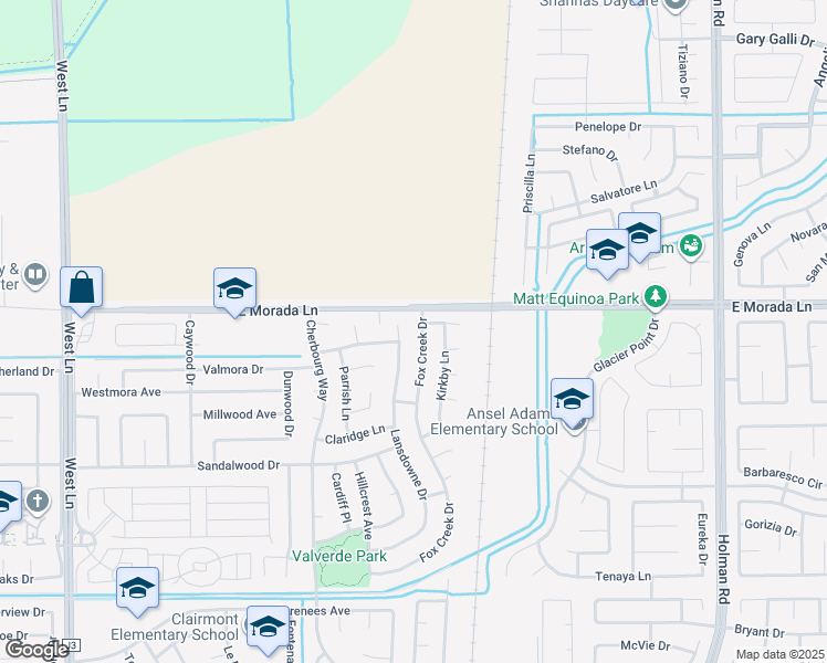 map of restaurants, bars, coffee shops, grocery stores, and more near 9425 Fox Creek Drive in Stockton