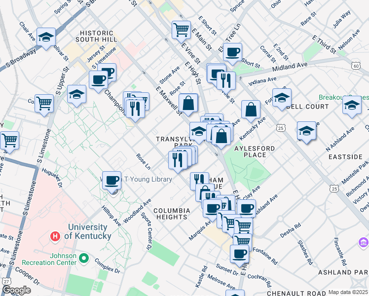 map of restaurants, bars, coffee shops, grocery stores, and more near 336 Transylvania Park in Lexington