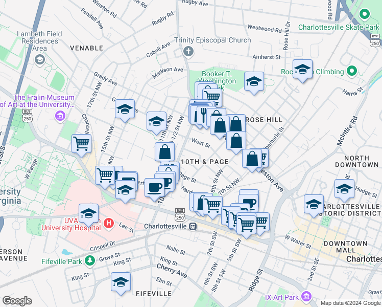 map of restaurants, bars, coffee shops, grocery stores, and more near 920 Anderson Street in Charlottesville