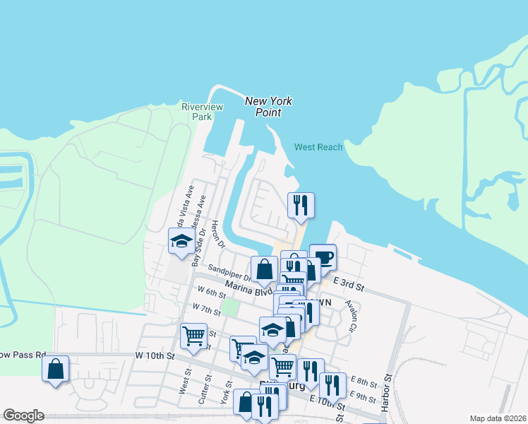 map of restaurants, bars, coffee shops, grocery stores, and more near 2 Marina Boulevard in Pittsburg