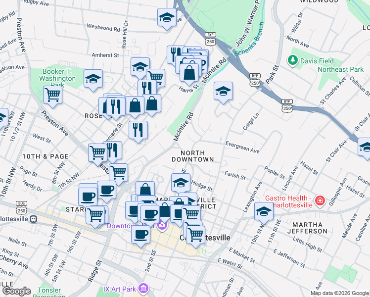 map of restaurants, bars, coffee shops, grocery stores, and more near 107 Perry Drive in Charlottesville