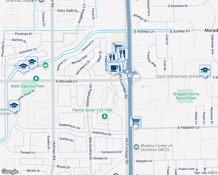 map of restaurants, bars, coffee shops, grocery stores, and more near 4030 East Morada Lane in Stockton