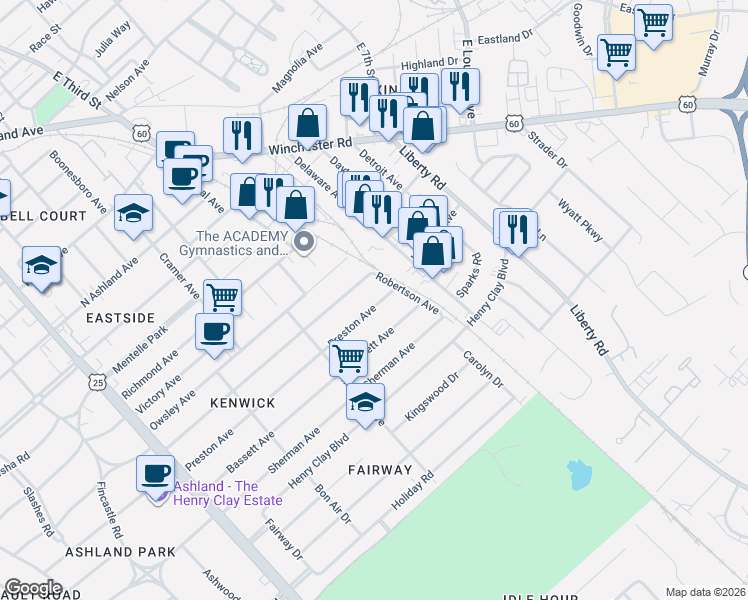 map of restaurants, bars, coffee shops, grocery stores, and more near 374 Lincoln Avenue in Lexington