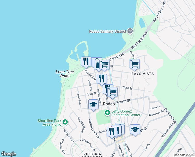 map of restaurants, bars, coffee shops, grocery stores, and more near 440 First Street in Rodeo