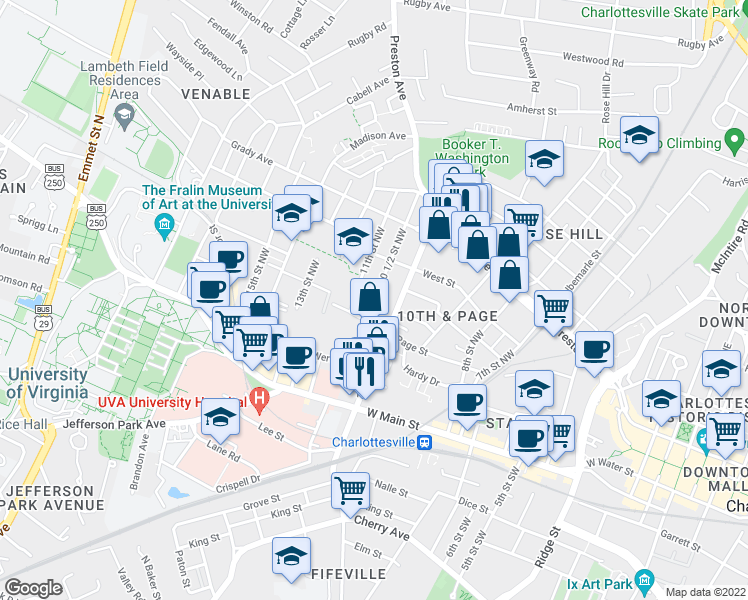 map of restaurants, bars, coffee shops, grocery stores, and more near 10 1/2 Street Northwest in Charlottesville