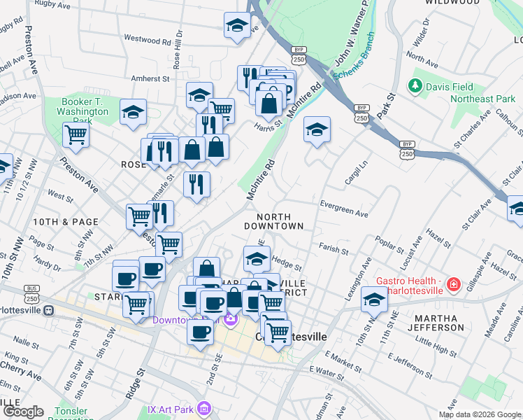 map of restaurants, bars, coffee shops, grocery stores, and more near 107 Perry Drive in Charlottesville