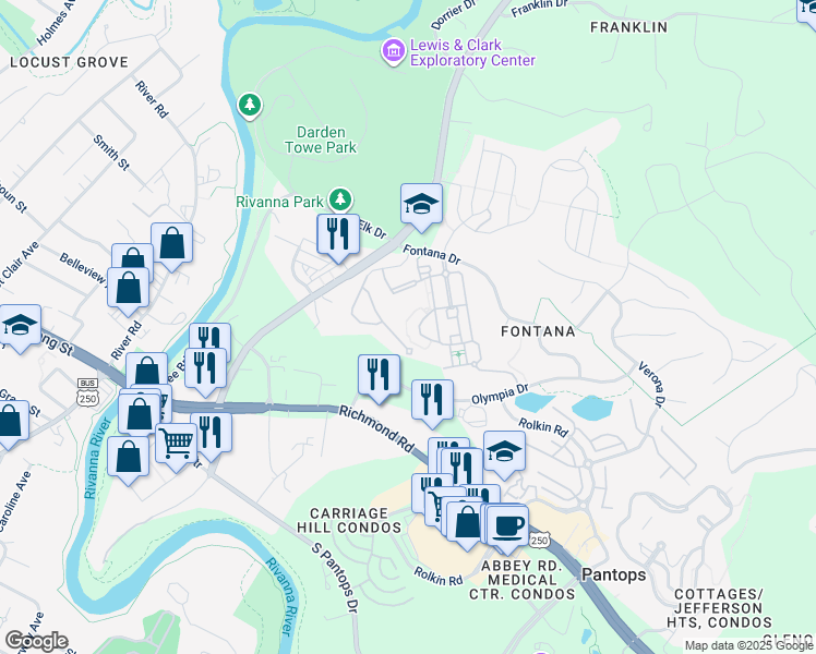 map of restaurants, bars, coffee shops, grocery stores, and more near 350 Portico Way in Charlottesville