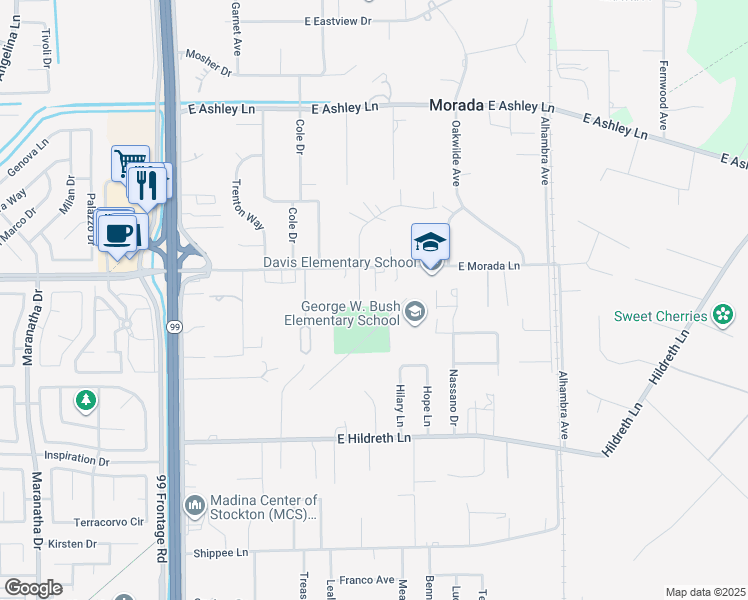 map of restaurants, bars, coffee shops, grocery stores, and more near 5050 East Morada Lane in Stockton