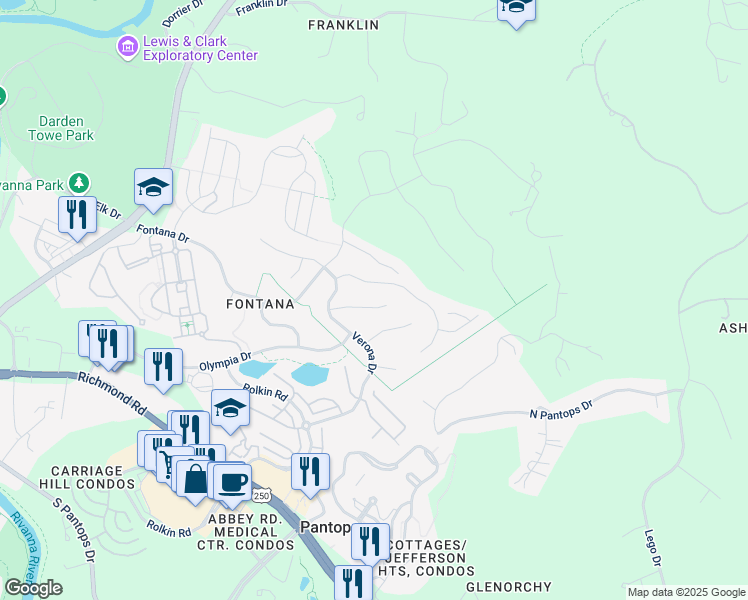 map of restaurants, bars, coffee shops, grocery stores, and more near 2077 Aviano Way in Charlottesville