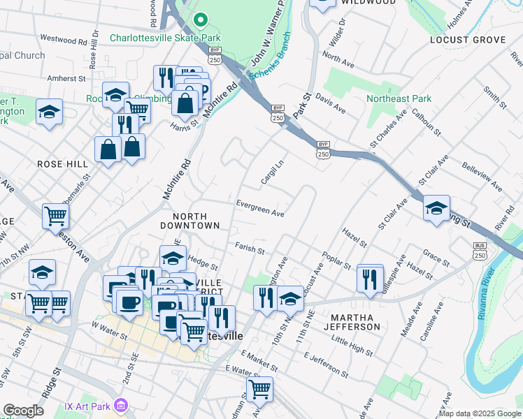 map of restaurants, bars, coffee shops, grocery stores, and more near 645 Evergreen Avenue in Charlottesville