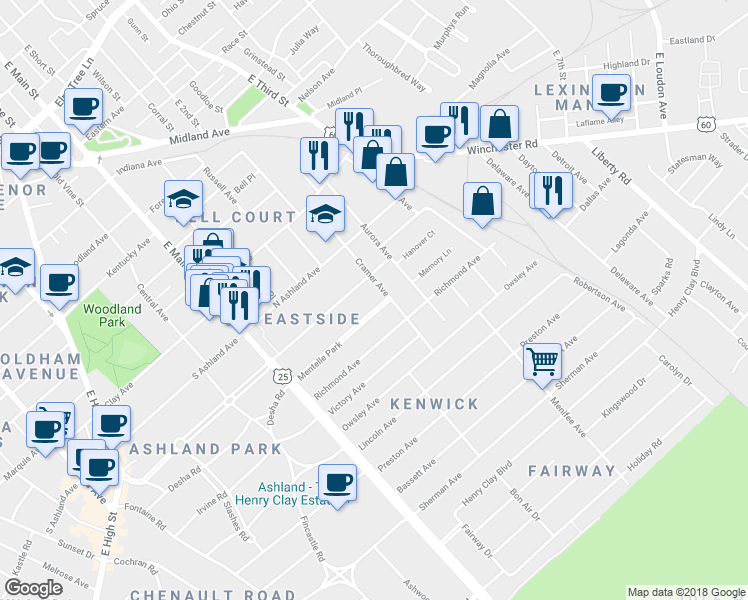 map of restaurants, bars, coffee shops, grocery stores, and more near 905 Cramer Avenue in Lexington