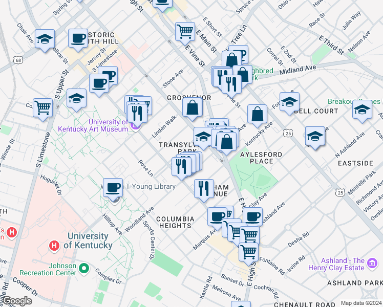 map of restaurants, bars, coffee shops, grocery stores, and more near 314 Transylvania Park in Lexington