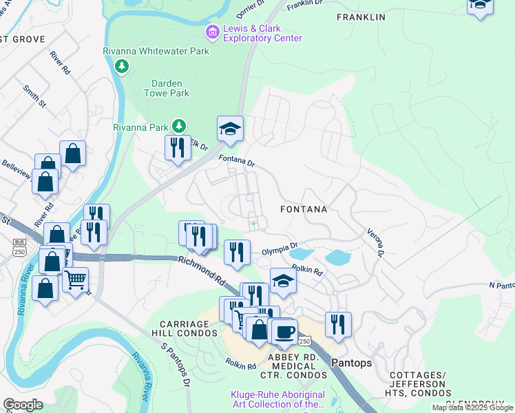 map of restaurants, bars, coffee shops, grocery stores, and more near 1714 Calvary Circle in Charlottesville