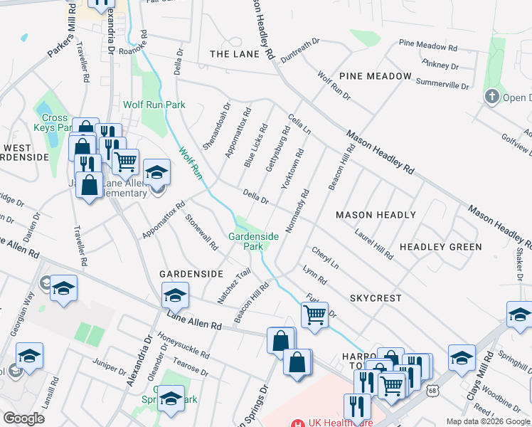 map of restaurants, bars, coffee shops, grocery stores, and more near 1800 Gettysburg Road in Lexington
