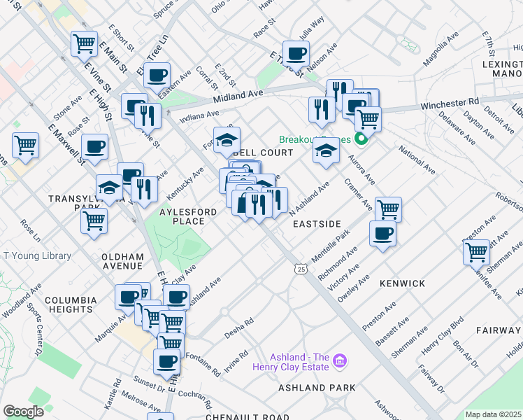 map of restaurants, bars, coffee shops, grocery stores, and more near 701 East Main Street in Lexington
