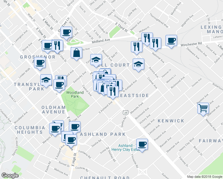 map of restaurants, bars, coffee shops, grocery stores, and more near 701 East Main Street in Lexington