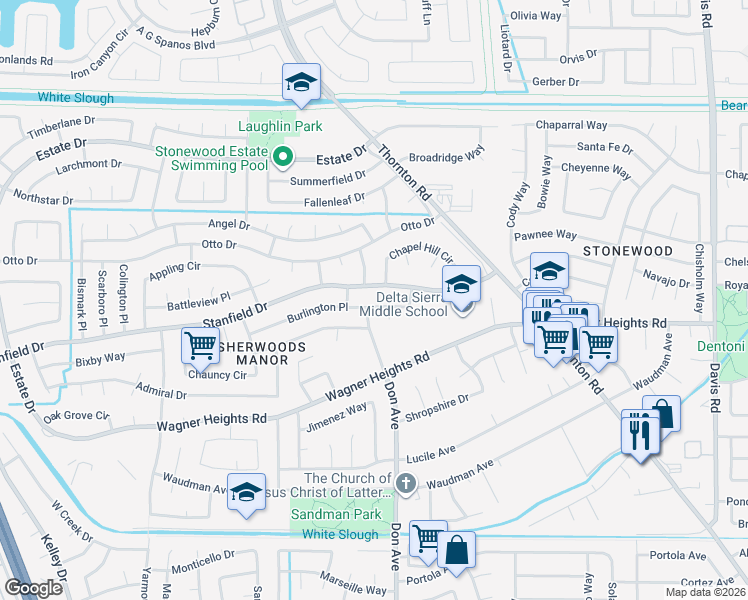 map of restaurants, bars, coffee shops, grocery stores, and more near 2481 Burlington Place in Stockton