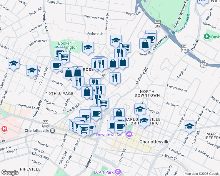 map of restaurants, bars, coffee shops, grocery stores, and more near 800-806 Harris St in Charlottesville