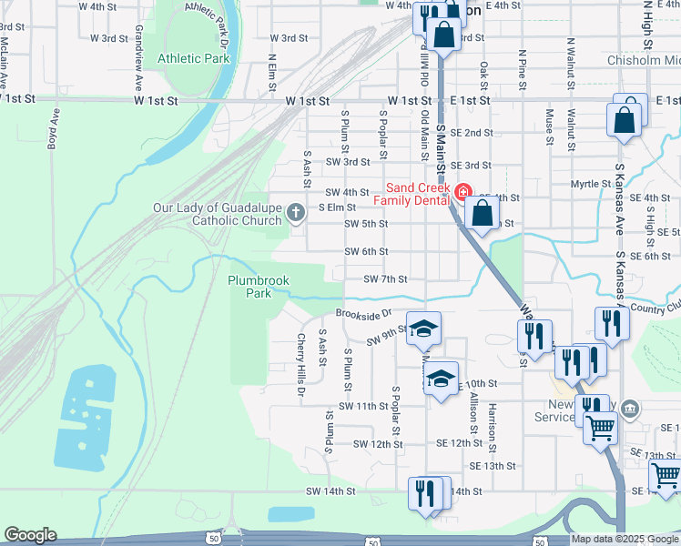 map of restaurants, bars, coffee shops, grocery stores, and more near 617 South Plum Street in Newton