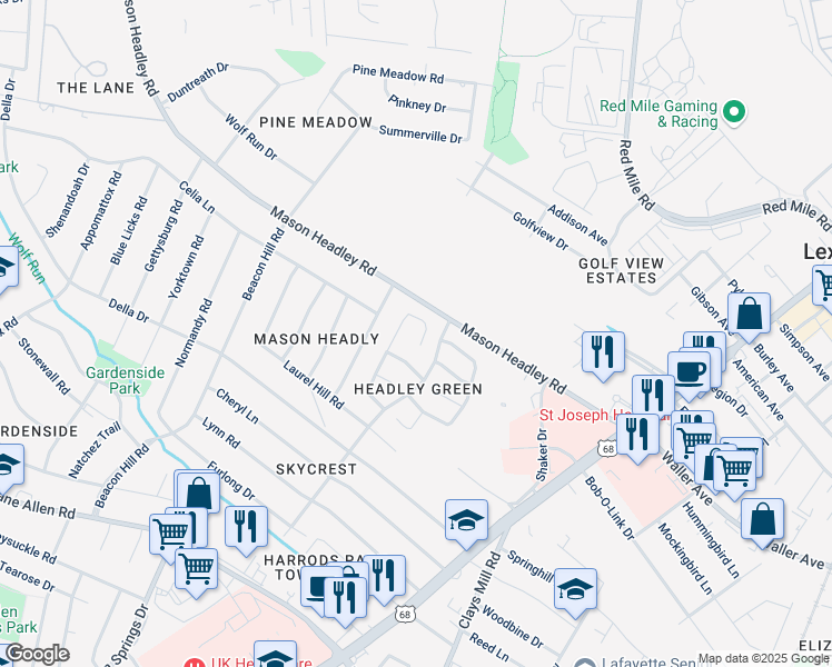 map of restaurants, bars, coffee shops, grocery stores, and more near 1757 Headley Green in Lexington