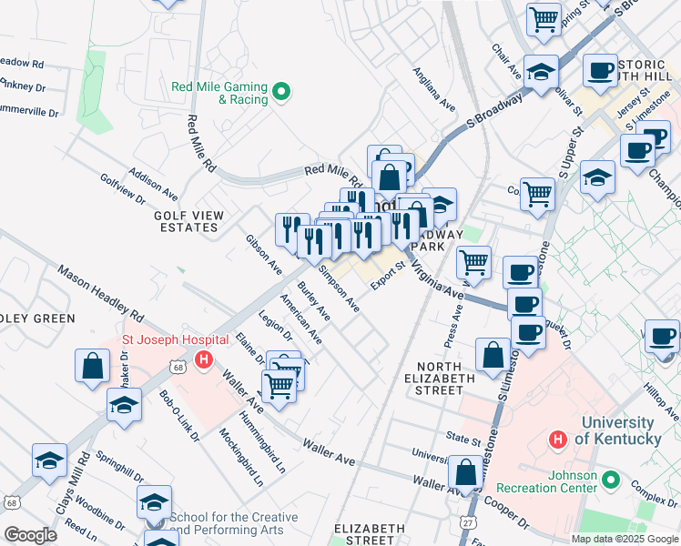 map of restaurants, bars, coffee shops, grocery stores, and more near 1080 South Broadway in Lexington
